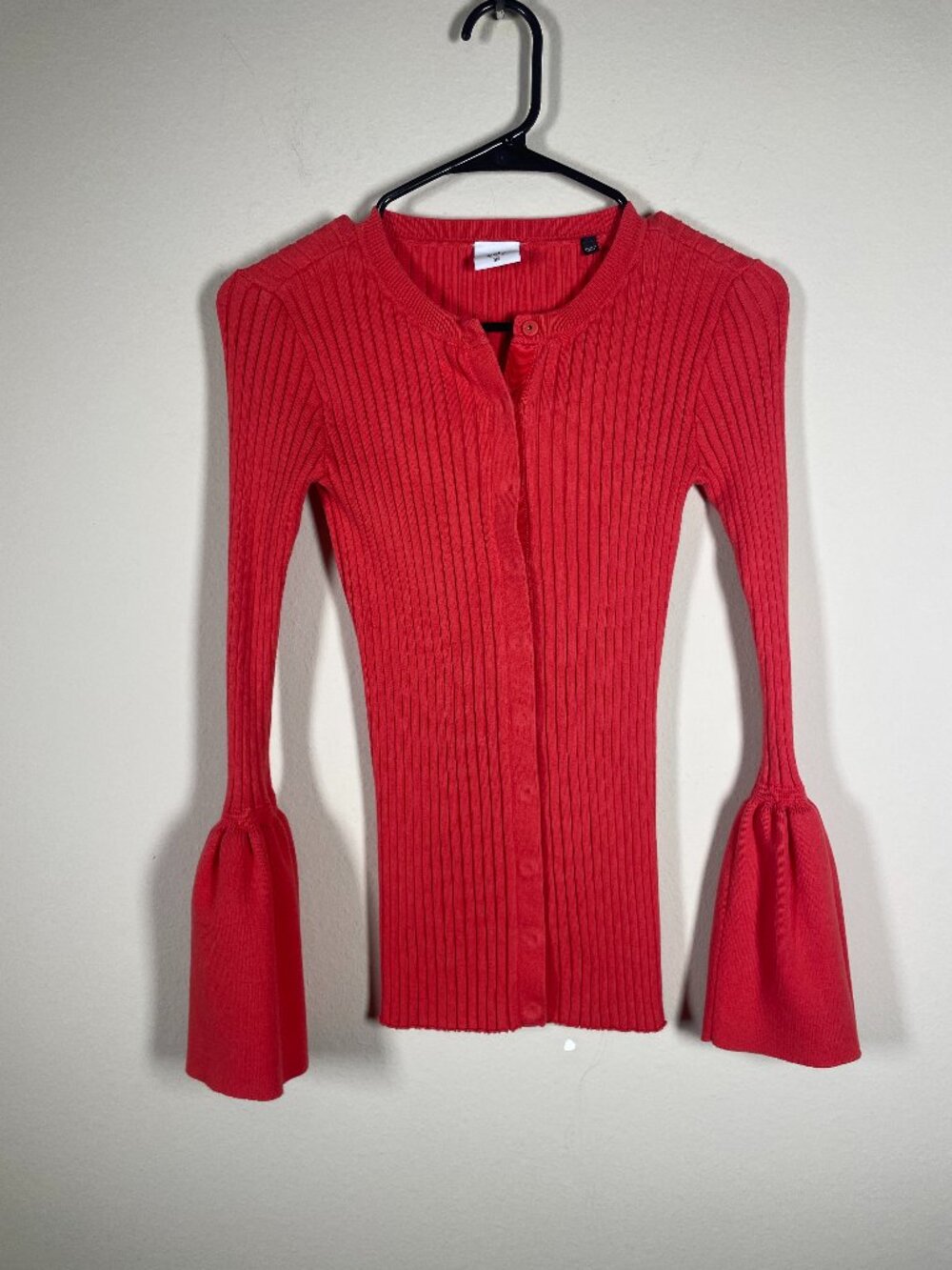 Cabi #5285 Trumpet Ribbed Knit Cardigan Sweater Coral Orange XS